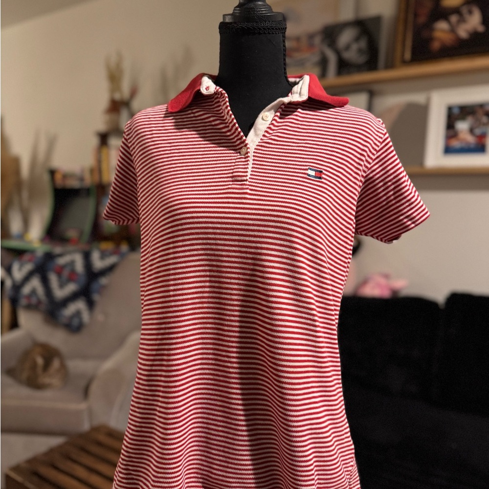 Tommy Hilfiger Red and White Striped Button-Down Polo Shirt